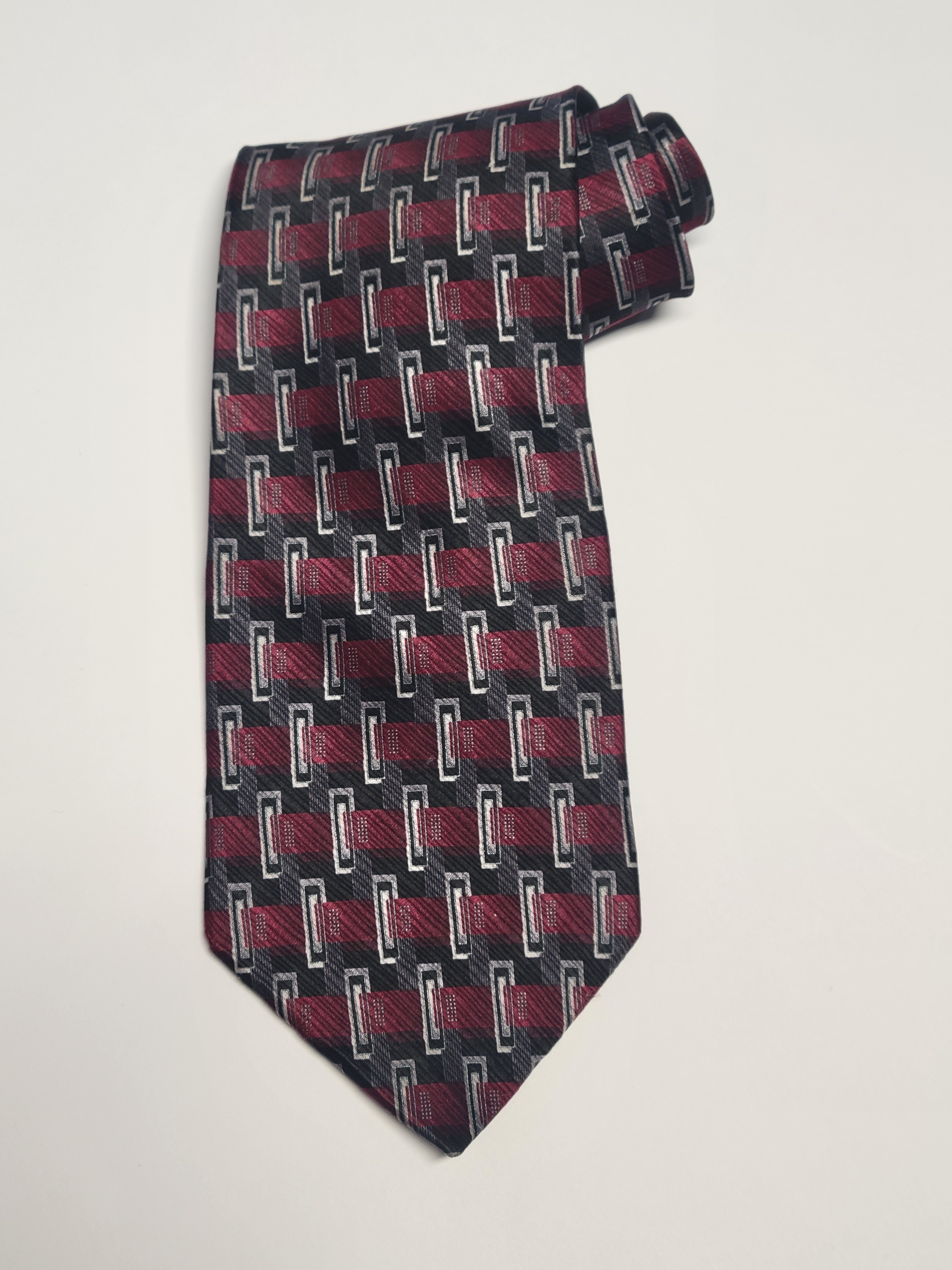 Monterey Bay Burgundy And Black Geometric Silk Tie